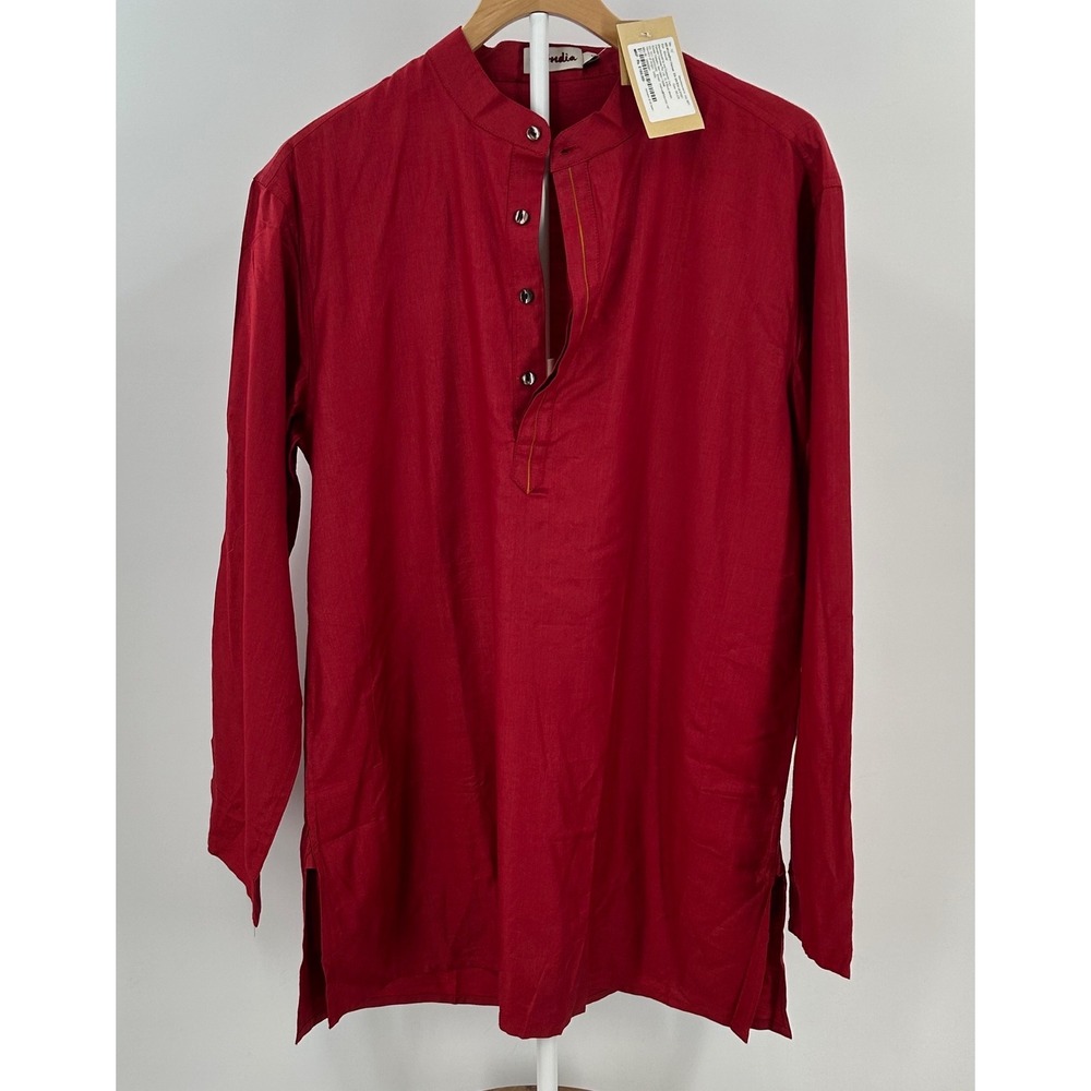 Fabindia Red Viscose Silk Kurta Shirt Mandarin Collar Mens Medium NWT‎ RD-279
